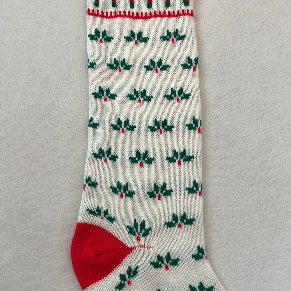 Christmas‎ Stocking Knitted Knit White Candy Canes Holly Leaves Merry Taiwan